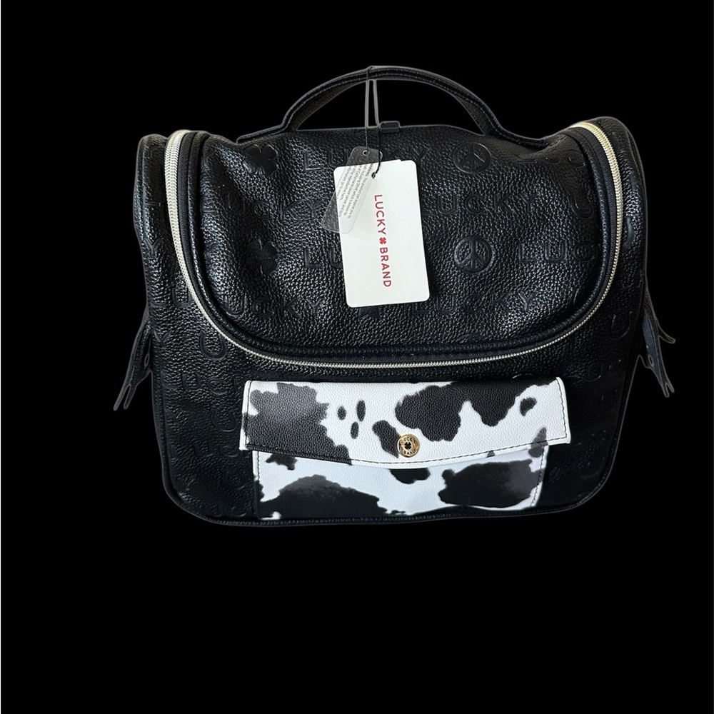 NWT Lucky Brand Black/White Leather Toiletries, Backpack Style Bag. Men or Women